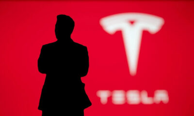 Silhouette of a person in front of a red background with the blurred Tesla logo, suggesting a Tesla executive or spokesperson.