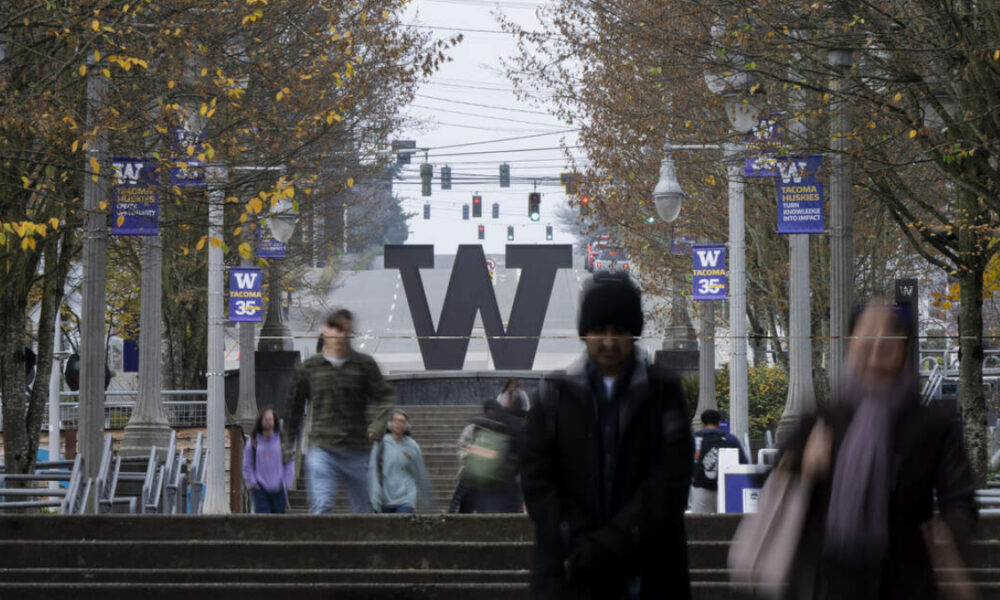 Bustling campus scene with large W sign at the top of stairs, banners on lampposts, and people walking toward the camera on a cloudy day.