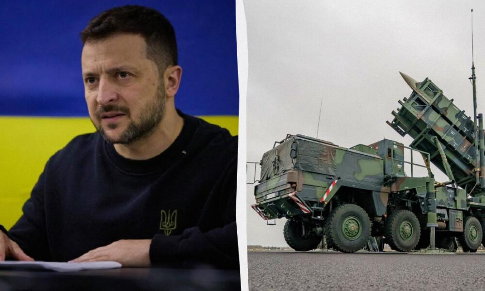 Split image: left shows a Ukrainian official at a desk with a blue-yellow flag background; right shows a camouflaged mobile missile launcher on a road.