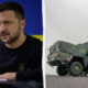 Split image: left shows a Ukrainian official at a desk with a blue-yellow flag background; right shows a camouflaged mobile missile launcher on a road.