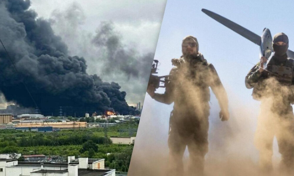 Split image: large industrial fire with thick black smoke on the left; two armed soldiers in tactical gear with a drone on the right.