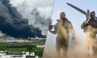 Split image: large industrial fire with thick black smoke on the left; two armed soldiers in tactical gear with a drone on the right.