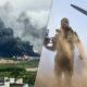 Split image: large industrial fire with thick black smoke on the left; two armed soldiers in tactical gear with a drone on the right.