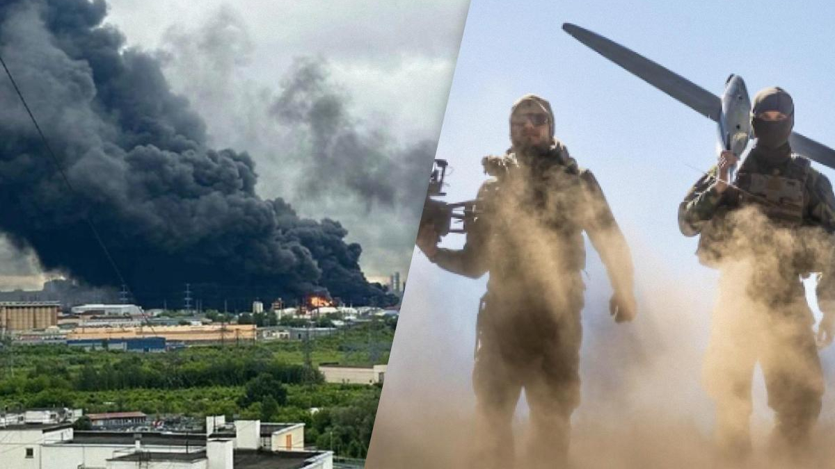 Split image: large industrial fire with thick black smoke on the left; two armed soldiers in tactical gear with a drone on the right.