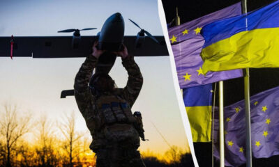 Soldier lifts a drone overhead at sunset, with Ukraine and EU flags visible in the split-image background.
