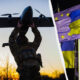 Soldier lifts a drone overhead at sunset, with Ukraine and EU flags visible in the split-image background.