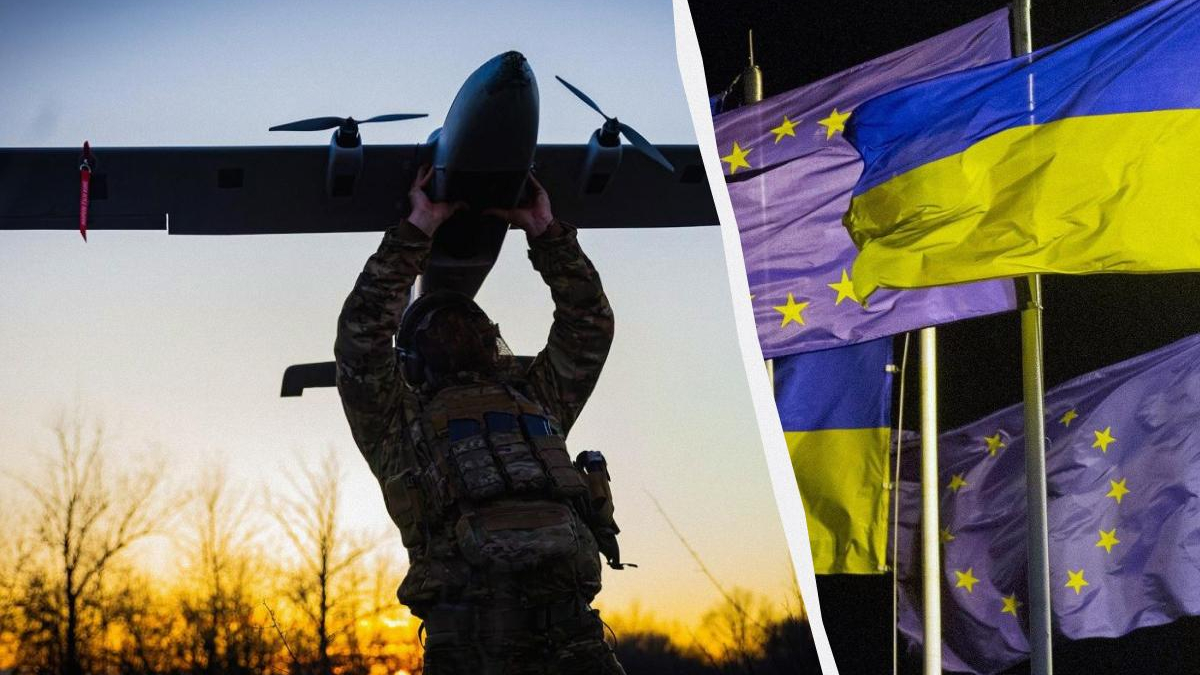 Soldier lifts a drone overhead at sunset, with Ukraine and EU flags visible in the split-image background.