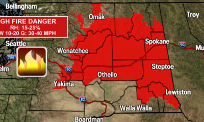 Map showing high fire danger area in red across central Washington and northern Idaho, with a flame icon and wind info box in upper left.