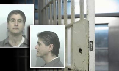 Mugshots of a man (front and side profiles) displayed against a jail cell background with bars in view behind them.