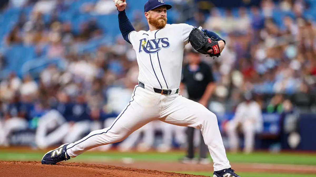 Tampa Bay Rays pitcher delivering a pitch on the mound during a game.