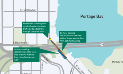 Map of the Portage Bay area showing 24-hour parking restrictions on Boyer Avenue and a pedestrian crossing with on-site flaggers near Delmar Dr/11th Ave E.