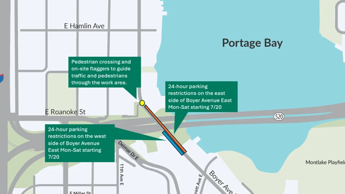 Map of the Portage Bay area showing 24-hour parking restrictions on Boyer Avenue and a pedestrian crossing with on-site flaggers near Delmar Dr/11th Ave E.