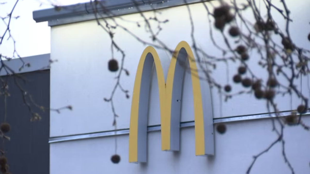 McDonald's golden arches logo on the side of a building, with tree branches in the foreground outside a fast-food restaurant