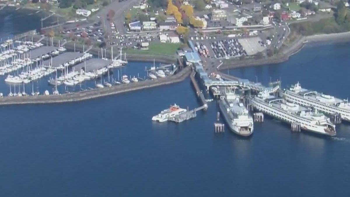 Aerial view of a marina with numerous sailboats docked at piers and a large ferry terminal along the waterfront.