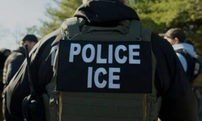 Back view of a law enforcement officer wearing a tactical vest with a 'POLICE ICE' patch.