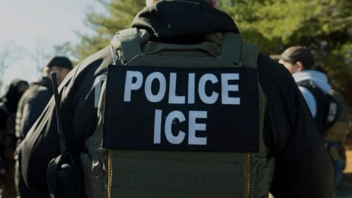 Back view of a law enforcement officer wearing a tactical vest with a 'POLICE ICE' patch.