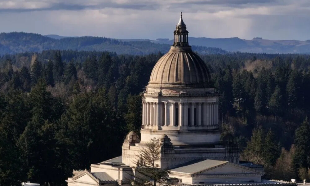 Dome of a neoclassical capitol building rising above a dense forest of evergreen trees under a cloudy sky.