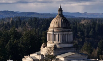 Dome of a neoclassical capitol building rising above a dense forest of evergreen trees under a cloudy sky.