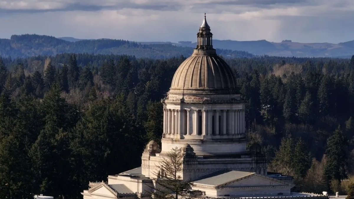 Dome of a neoclassical capitol building rising above a dense forest of evergreen trees under a cloudy sky.