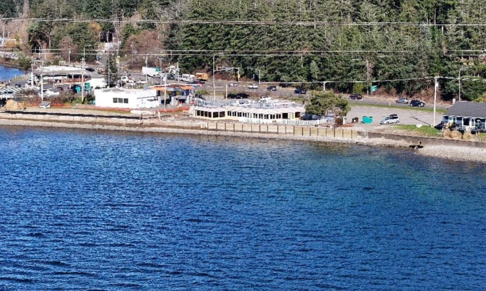 Shoreline town by a calm blue lake: white building near the water, parked cars, and a tree-lined backdrop with power lines overhead.”,