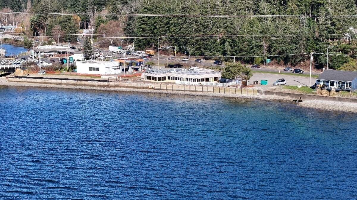 Shoreline town by a calm blue lake: white building near the water, parked cars, and a tree-lined backdrop with power lines overhead.”,