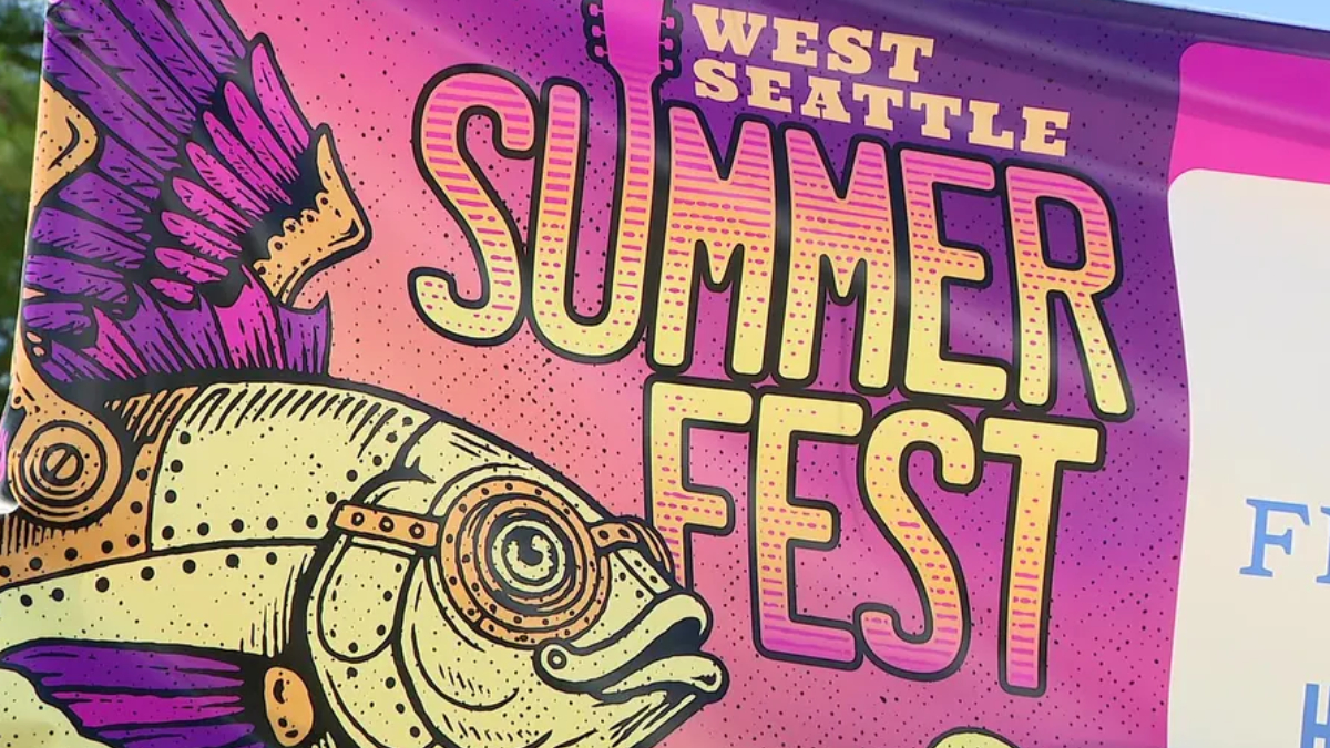 Bright festival banner reads 'SUMMER FEST' with a colorful, illustrated fish on the left and purple-pink gradient background (West Seattle Summer Fest).