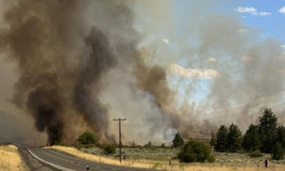 Rural highway with a massive wildfire to the left, thick dark smoke billowing into the sky.