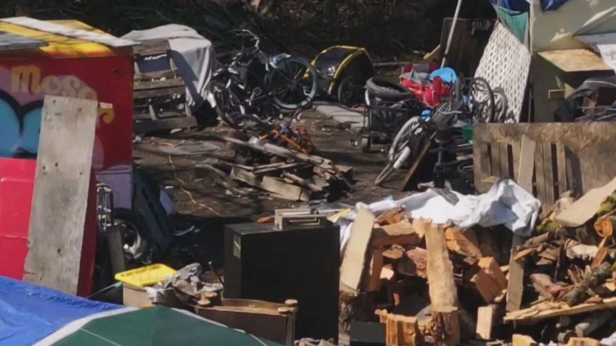 Chaotic outdoor junk pile with bikes, wood, bricks, and scattered debris in a cluttered yard.