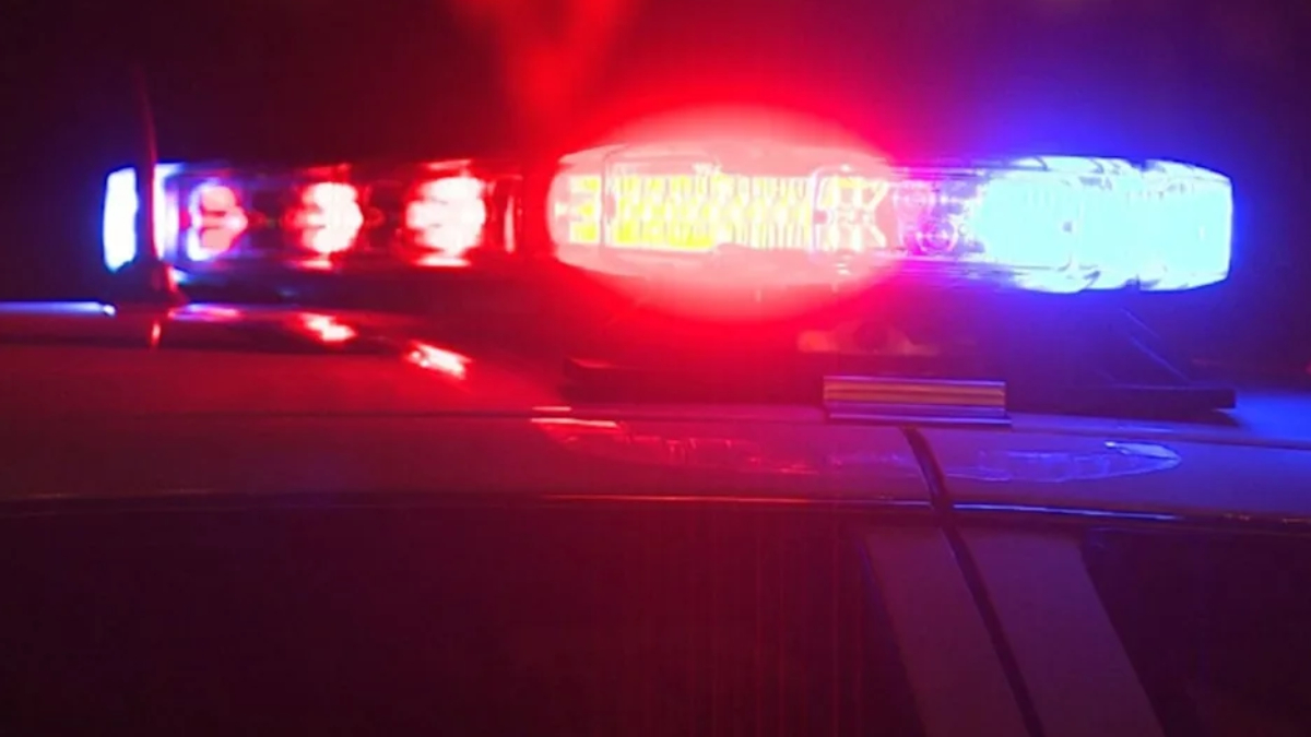 Police car with red and blue emergency lights flashing at night, reflecting off the car’s surface.
