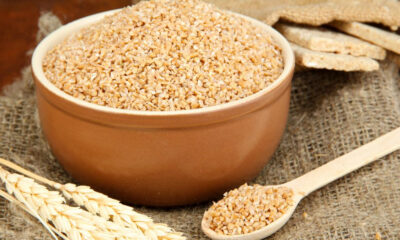 Bowl of bulgur wheat in a ceramic dish with a wooden spoon and wheat stalks on burlap fabric (rustic setting)
