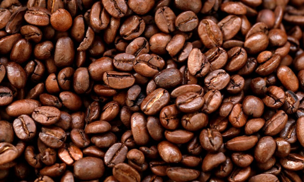 Close-up of shiny roasted coffee beans filling the frame.
