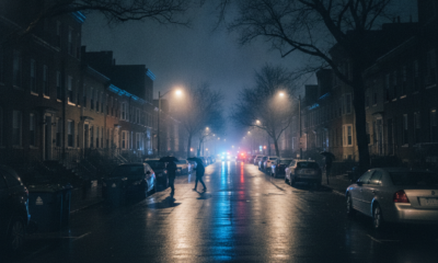 Rainy night on a residential street; two pedestrians cross the wet road with umbrellas as blue police lights glow in the distance.