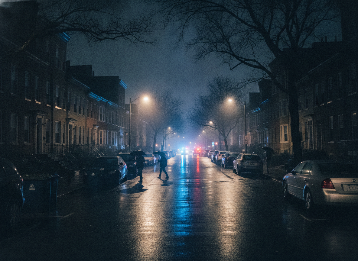 Rainy night on a residential street; two pedestrians cross the wet road with umbrellas as blue police lights glow in the distance.