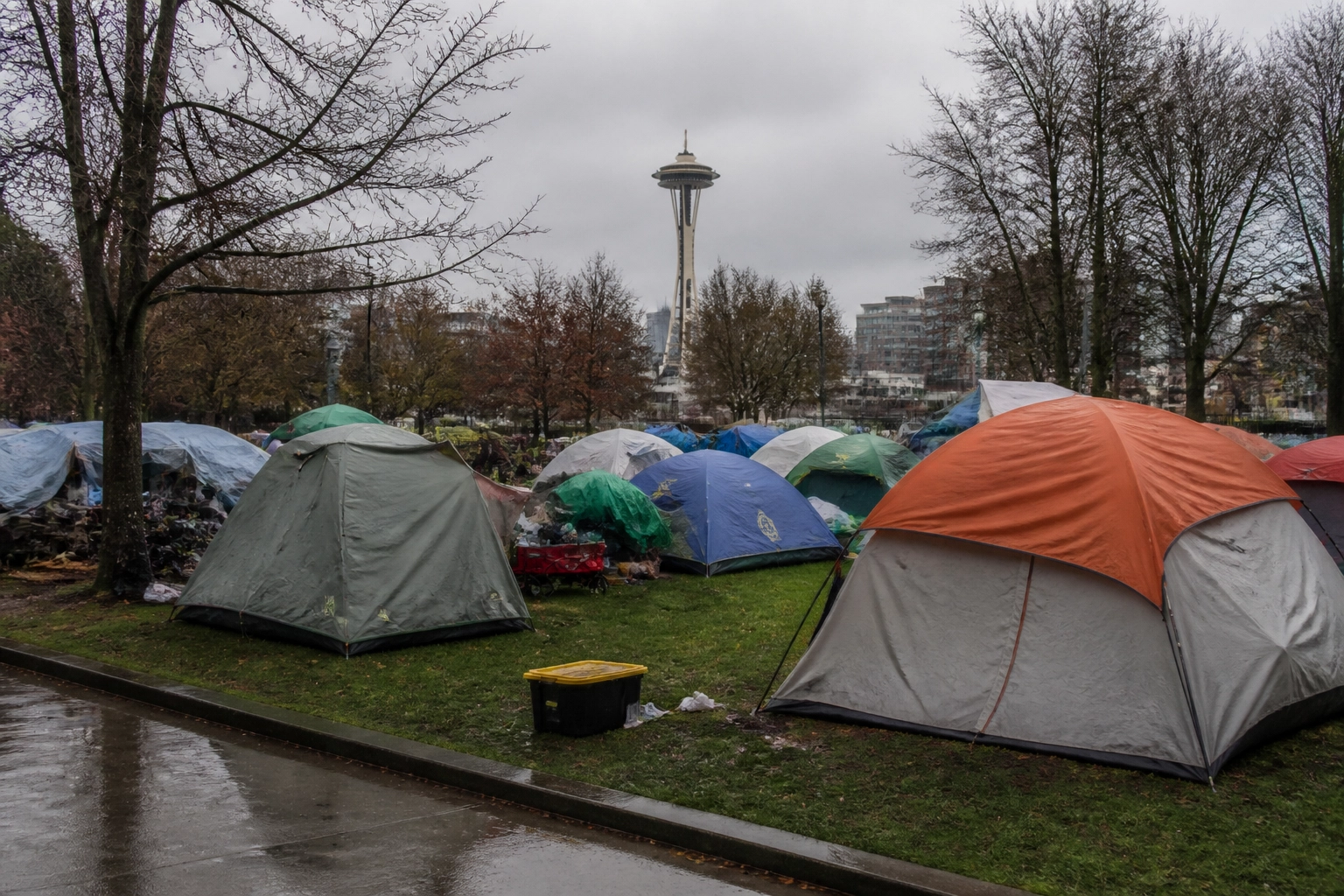 Tents pitched in a city park with the Space Needle visible in the background on a cloudy day, bare trees surrounding the scene and wet pavement nearby.