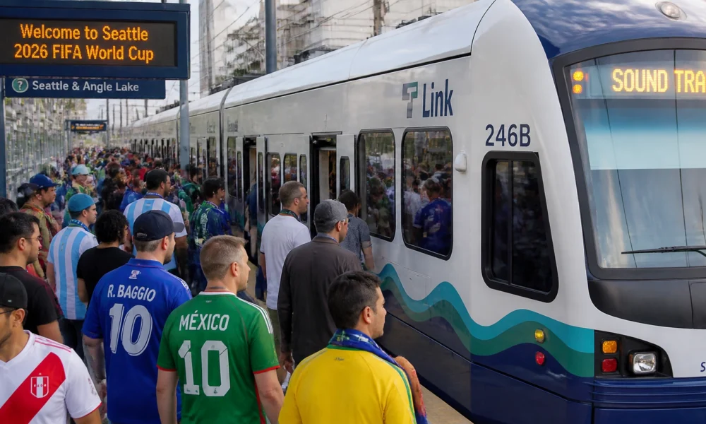 Crowded platform with soccer fans in colorful jerseys near a white-and-blue light-rail train at Seattle station.