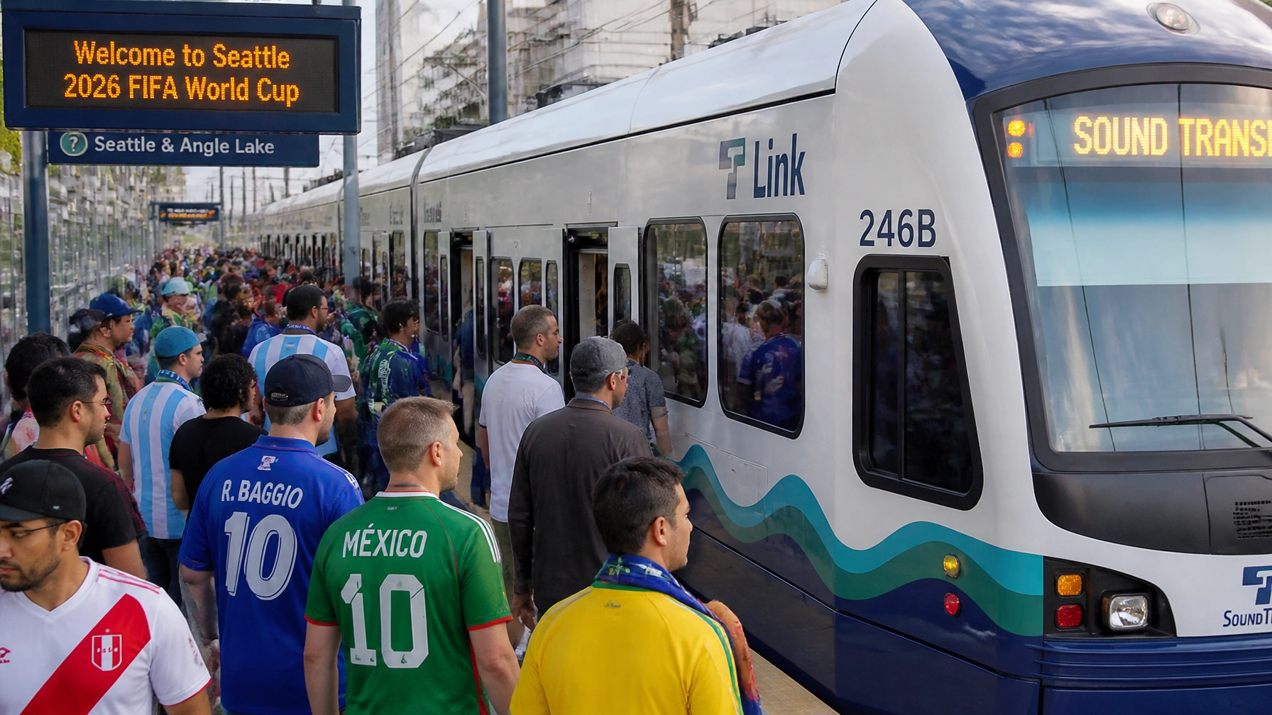 Crowded platform with soccer fans in colorful jerseys near a white-and-blue light-rail train at Seattle station.