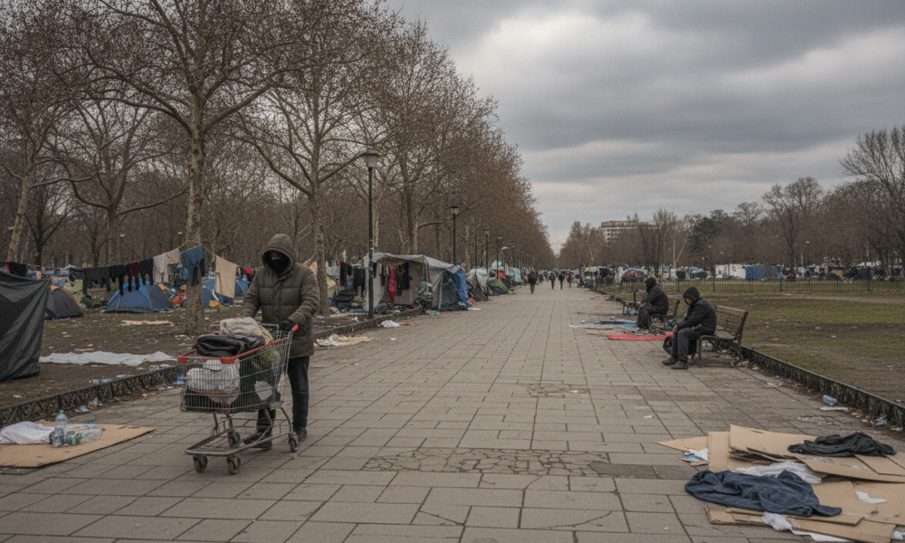 Person with a shopping cart walking along a tents-lined park path under cloudy skies