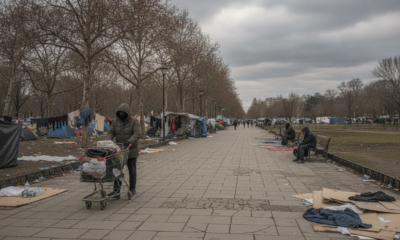 Person with a shopping cart walking along a tents-lined park path under cloudy skies
