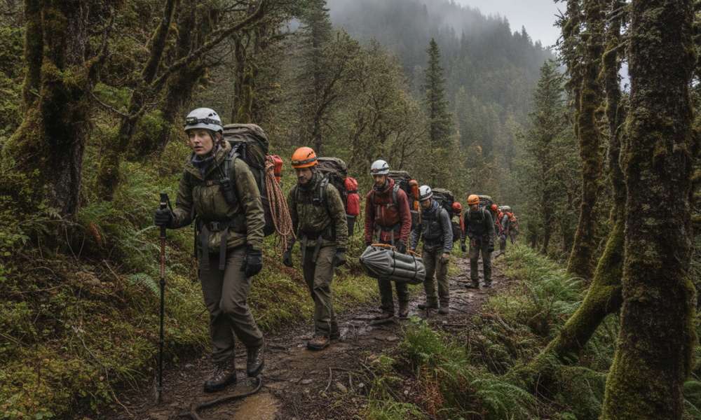 Group of hikers wearing helmets and backpacks trekking along a muddy forest trail in misty woods.