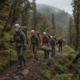 Group of hikers wearing helmets and backpacks trekking along a muddy forest trail in misty woods.