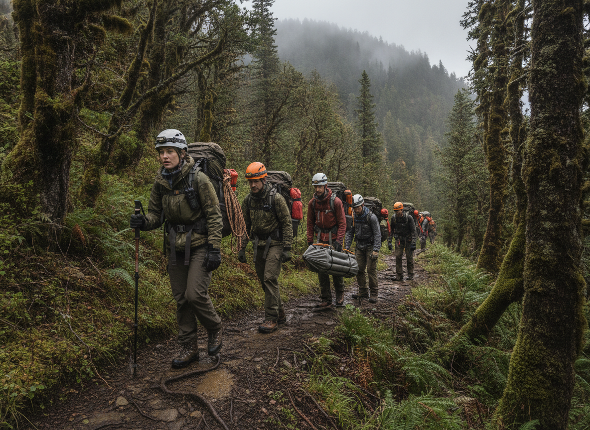 Group of hikers wearing helmets and backpacks trekking along a muddy forest trail in misty woods.
