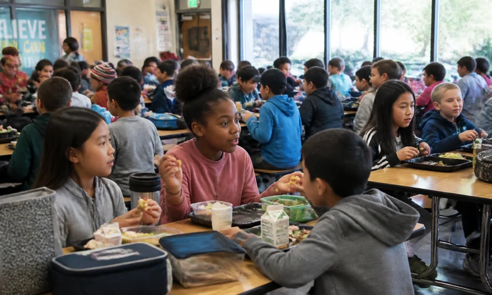 Group of students eating lunch at long cafeteria tables in a bright school dining hall.