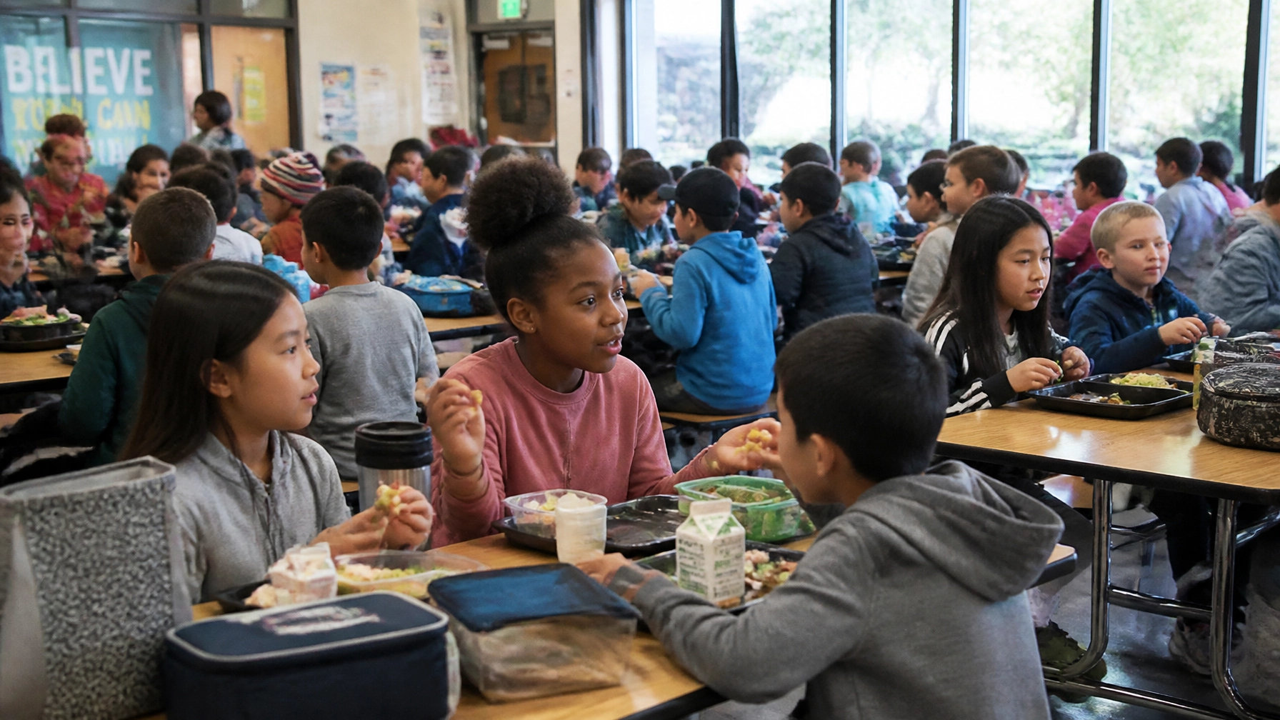 Group of students eating lunch at long cafeteria tables in a bright school dining hall.