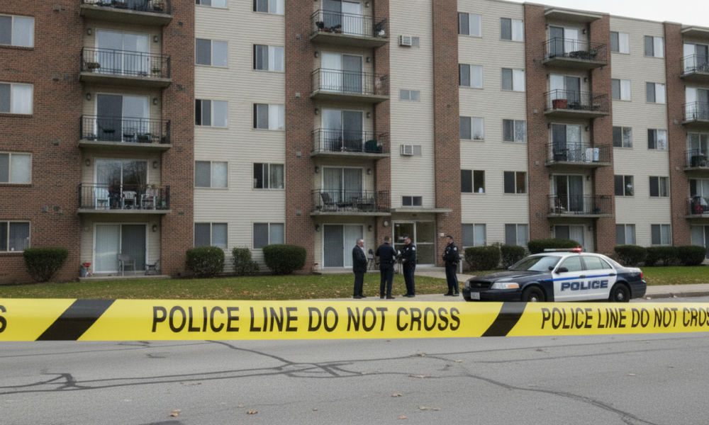 Yellow 'POLICE LINE DO NOT CROSS' tape blocks a residential street in front of a brick-and-siding apartment building with balconies and shrubs, and a police car nearby with officers talking nearby.] ,