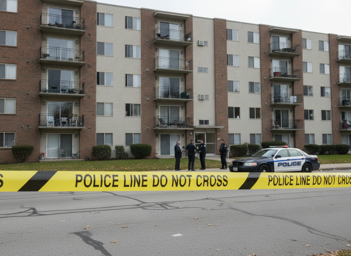 Yellow 'POLICE LINE DO NOT CROSS' tape blocks a residential street in front of a brick-and-siding apartment building with balconies and shrubs, and a police car nearby with officers talking nearby.] ,