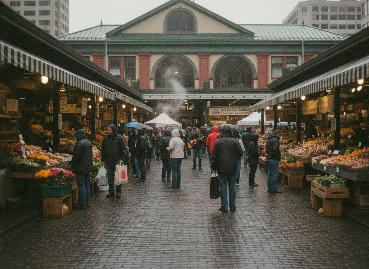 Bustling outdoor market with stalls of fruits and vegetables and shoppers in jackets on a wet cobblestone street.