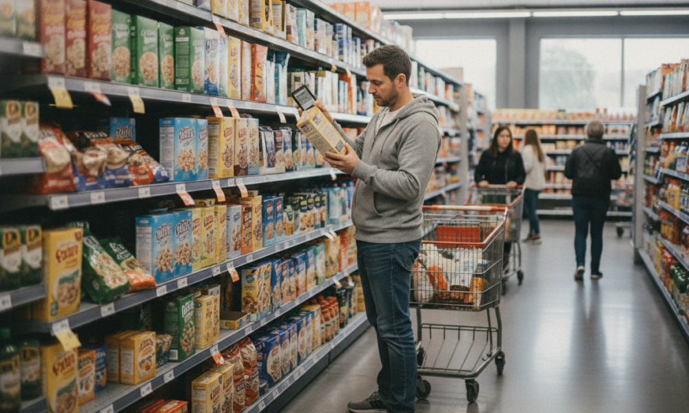 Man in a gray hoodie reads a cereal box in an aisle while pushing a shopping cart filled with groceries in a grocery store.