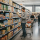 Man in a gray hoodie reads a cereal box in an aisle while pushing a shopping cart filled with groceries in a grocery store.