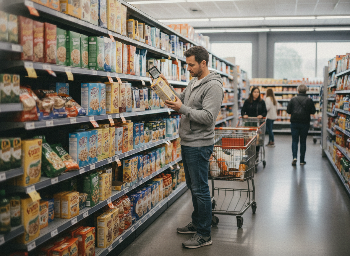 Man in a gray hoodie reads a cereal box in an aisle while pushing a shopping cart filled with groceries in a grocery store.