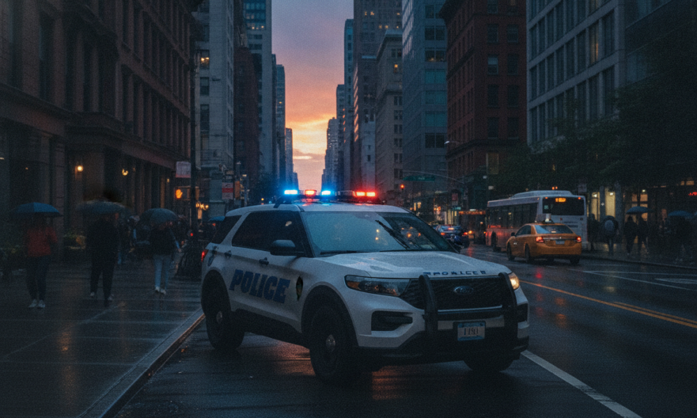 White police SUV with flashing red and blue lights on a city street at dusk, pedestrians with umbrellas nearby.